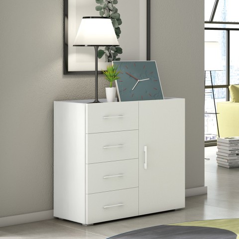 Commode pour chambre à coucher buffet 4 tiroirs design blanc et gris Promotion