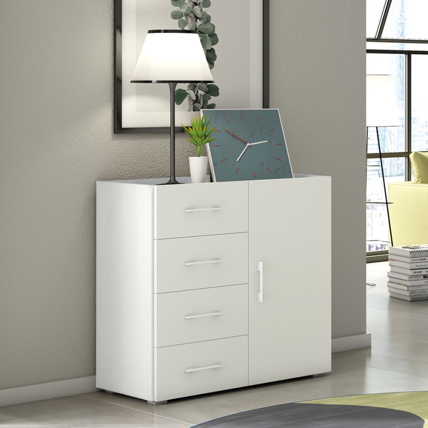 Commode pour chambre à coucher buffet 4 tiroirs design blanc et gris Promotion Commode pour chambre à coucher buffet 4 tiroirs design blanc et gris Promotion