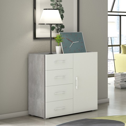 Buffet moderne gris et blanc avec 4 tiroirs et portes Promotion