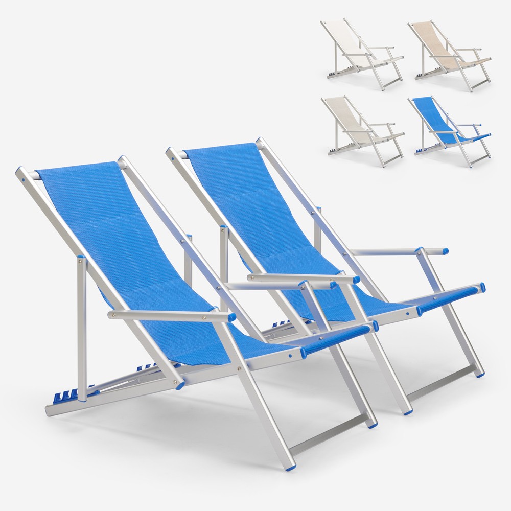 2 Transat chaises de plage pliantes mer plage accoudoirs aluminium Riccione Gold Lux