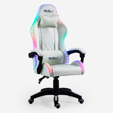 Fauteuil gamer blanc fauteuil LED ergonomique inclinable avec coussin Pixy